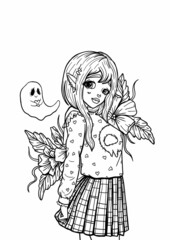 Charming fairytale character with a kind little ghost, cute cartoon girl-goth with pointed ears and big eyes in checkered skirt and blouse with hearts and skull,  surrounded by beautiful flowers.