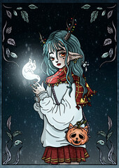 Fairytale character with horns and pointed ears, cartoon girl with big eyes and long hair, cute little dryad with magical ghost-kitten, kind fabulous schoolgirl in pleated skirt with cat pumpkin bag.