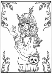 Fairytale character with horns and pointed ears, cartoon girl with big eyes and long hair, cute little dryad with magical ghost-kitten, kind fabulous schoolgirl in pleated skirt with cat pumpkin bag.