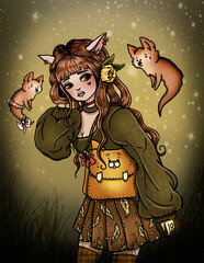 Forest cartoon character with cute bag in the shape of a cat and with a magical little ghosts-foxes, adorable fairytale girl in a blouse with long sleeves and a pleated skirt with leaf ornament.