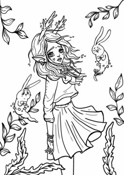 Adorable cartoon girl with pointed ears and horns, with her hair fluttering in the wind, in a skirt and a blouse with a large bow. A cute magical character with two little kind ghost hares and plants.