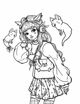 Forest cartoon character with cute bag in the shape of a cat and with a magical little ghosts-foxes, adorable fairytale girl in a blouse with long sleeves and a pleated skirt with leaf ornament.