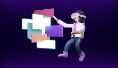 3D Rendering of girl with visual reality glasses using digital platform concept of VR Metaverse technology. 3D Render illustration cartoon style.