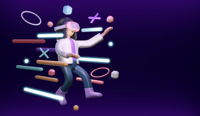 3D Rendering of girl with visual reality glasses using digital platform concept of VR Metaverse technology. 3D Render illustration cartoon style.