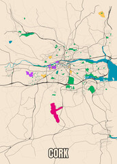 Fototapeta na wymiar Vector poster detailed city map Cork, Ireland. Data From OpenStreetMap.