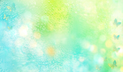 クリームソーダの泡と蝶　水色から黄緑のグラデーション　玉ボケ　pale green　pale blue　gradation　butterfly