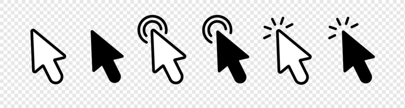 Pinter cursor computer mouse click icon set. Clicking and pointing cursor. Mouse pointer set. Arrow cursor. Pointer cursor line icons. Click cursor. Vector illustration.