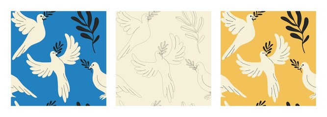 Set of seamless patterns with doves with olive vecta. Colors of the Ukrainian flag. Dove as a symbol of world peace and freedom for Ukraine in wartime.