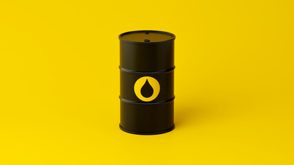 metal black barrel for oil products or other use with logo or sign isolated on yellow background. 3d render