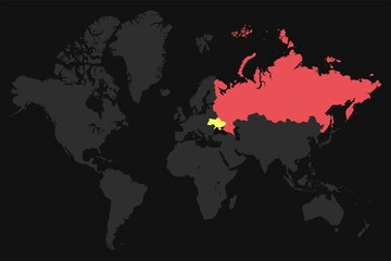 Grey world map with red Russia and yellow Ukraine.