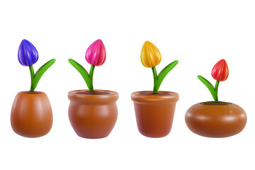 Set of tulips in pot isolated on white background. Collection realistic modern minimal design elements. 3d vector illustration.