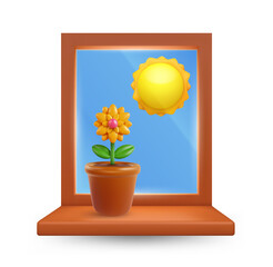 Beautiful flower in pot on wood window isolated on white background. Realistic modern minimal design element. 3d vector illustration.