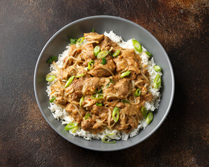 Thai style peanut pork with bean sprouts and rice. Asian food