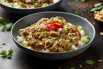 Thai style peanut pork with bean sprouts and rice. Asian food