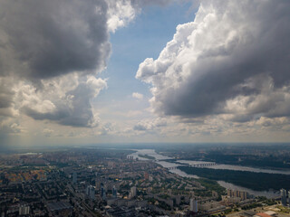 High flight over Kiev. Cloudy day. Aerial drone view.