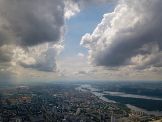 Fototapeta premium High flight over Kiev. Cloudy day. Aerial drone view.