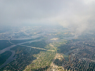 High flight over Kiev. Cloudy day. Aerial drone view.