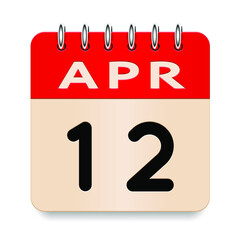 12 day of the month. April. Flip old formal calendar daily icon. Date day week Sunday, Monday, Tuesday, Wednesday, Thursday, Friday, Saturday. Cut paper. White background. Vector illustration. 3d