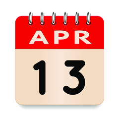 13 day of the month. April. Flip old formal calendar daily icon. Date day week Sunday, Monday, Tuesday, Wednesday, Thursday, Friday, Saturday. Cut paper. White background. Vector illustration. 3d