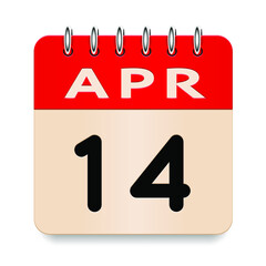 14 day of the month. April. Flip old formal calendar daily icon. Date day week Sunday, Monday, Tuesday, Wednesday, Thursday, Friday, Saturday. Cut paper. White background. Vector illustration. 3d