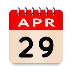 29 day of the month. April. Flip old formal calendar daily icon. Date day week Sunday, Monday, Tuesday, Wednesday, Thursday, Friday, Saturday. Cut paper. White background. Vector illustration. 3d