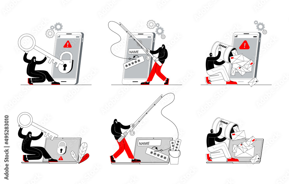 Aufkleber a hacker is engaged in phishing on laptop or smartphone. the thief opens the protection of computer 