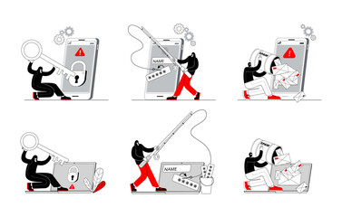 A hacker is engaged in phishing on laptop or smartphone. The thief opens the protection of computer and phone. A set of illustrations with characters on the topic of cybercrime.