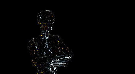 Mannequin in a frozen pose on a black background. Frozen posture. Metal mannequin. 3d rendering.