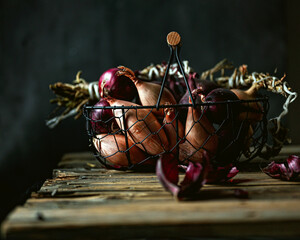 shallots and purple onions in a basket on a rustic wooden table