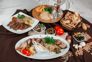 Different food dishes on the table, catering concept