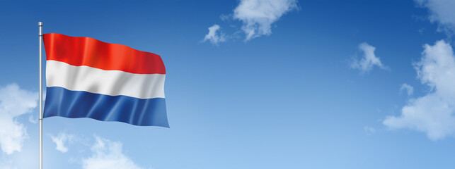 Netherlands flag isolated on a blue sky. Horizontal banner - obrazy, fototapety, plakaty