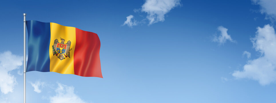 Moldova flag isolated on a blue sky. Horizontal banner