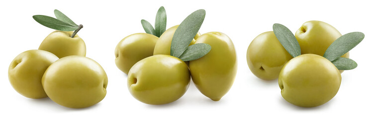 Set of delicious olives with leaves, isolated on white background