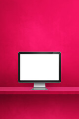 Computer pc on pink shelf. Vertical background