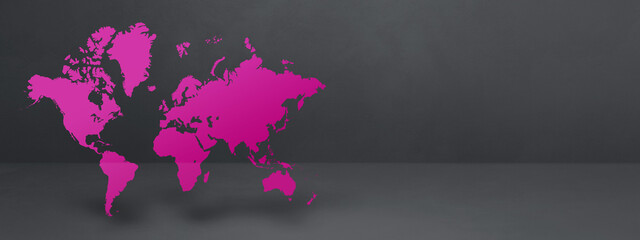 Purple world map on black concrete wall background. 3D illustration. Horizontal banner