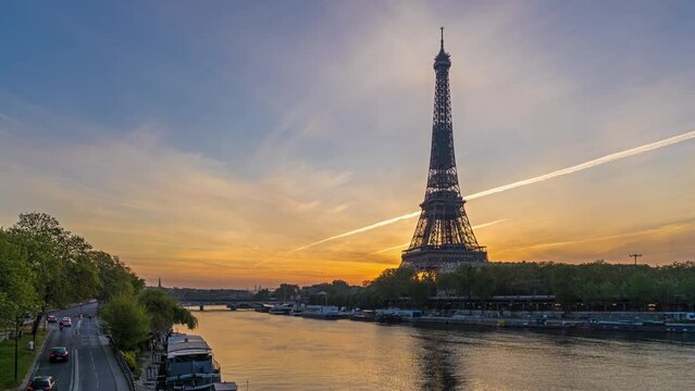 Colorful Sunrise Over Eiffel Tower in Paris With Seine River