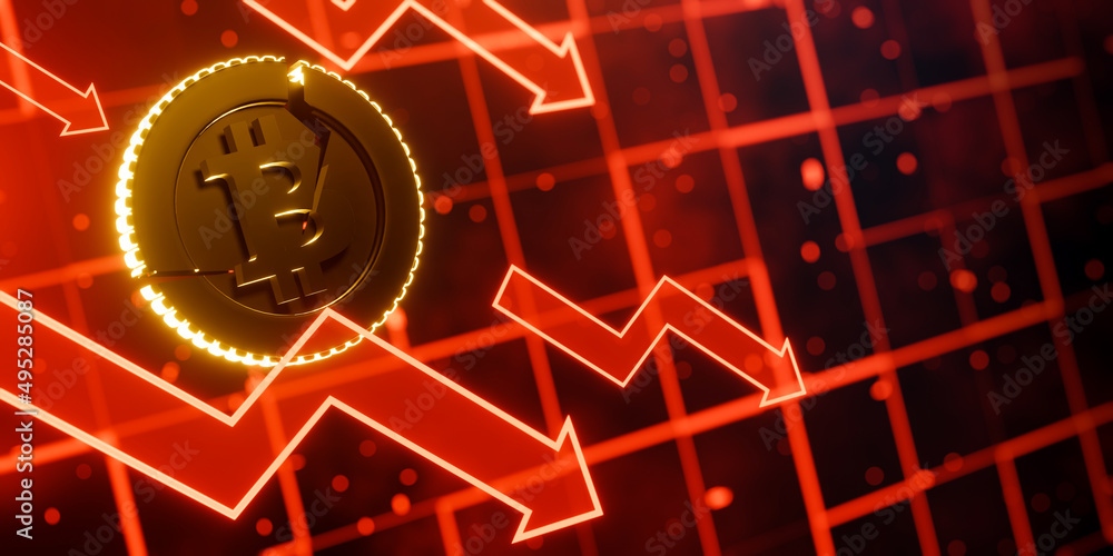 Poster 3d rendering bitcoin with down trend arrows on glowing red background. concept cryptocurrency illust