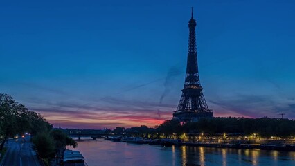 Colorful Sunrise Behind Eiffel Tower in Paris With Seine River - Powered by Adobe