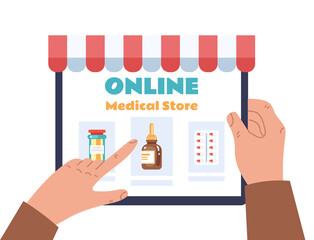 People making medicine order in online shop pharmacy. Vector flat modern style graphic illustration 