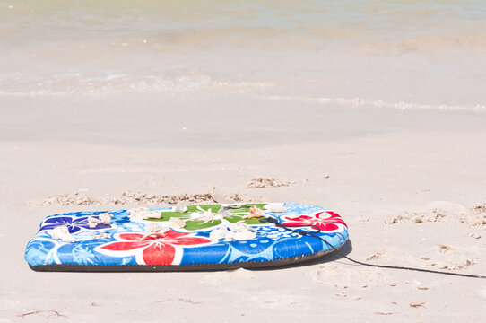 top view of a colorful boogey board, with a collection of shells on it's top, on the edge of a tropical shoreline on a sunny afternoon