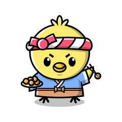 A CUTE YELLOW CHICKEN IS WEARING JAPANESE CHEF CLOTHES AND SERVING FRIED 
 CHICKEN BALL. CARTOON MASCOT DESIGN. 