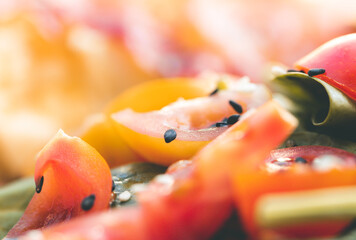 Scrambled eggs with bacon avocado and orange juice