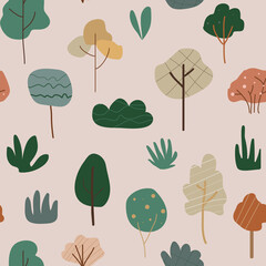 Obraz premium Cute seamless pattern with boho trees and bushes. Bohemian style for nursery. Nature concept. Vector illustration