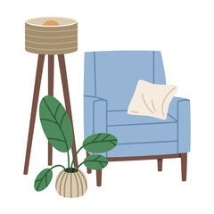 Living room minimalistic interior, doodle home decoration. Cartoon lamp, house plant and armchair. Trendy contemporary interior vector illustration