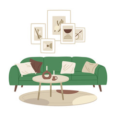 Cozy living room interior, modern furniture and minimalistic decorations. House indoor interior, doodle living room isolated vector illustration. Cute trendy interior