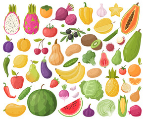 Summer cartoon fruits and vegetables, apple, apricot and beetroot. Summer vitamin fruits and vegetables, kiwi, cabbage and cucumber. Organic vegetarian food vector symbols set