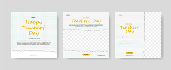 Collection of white international teacher's day social media posts with torn paper designs that can be filled with photos