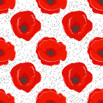 Poppy Flowers. Beautiful Red Flowers, Black Seeds On A White Background. Seamless Texture.