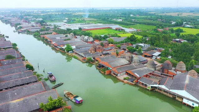 Aerial view of Mang Thit brick kiln in Vinh Long. Burnt clay bricks used in traditional construction of Vietnamese