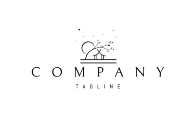 Vector logo on which an abstract image of a leaning sakura over a house against the backdrop of the moon. © Дмитрий Василега